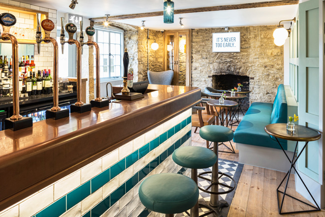 Stylish bar at The Old Stocks Inn, Cotswolds
